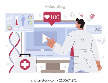 Preventive Medicine Online Service Or Platform. Annual Medical Exam, Regular Health Check Up And Health Maintaining. Video Blog. Flat Vector Illustration
