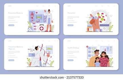 Preventive Medicine Web Banner Or Landing Page Set. Annual Medical Exam, Regular Health Check Up. Modern Medicine Research For Disease Diagnostic And Health Maintaining. Flat Vector Illustration