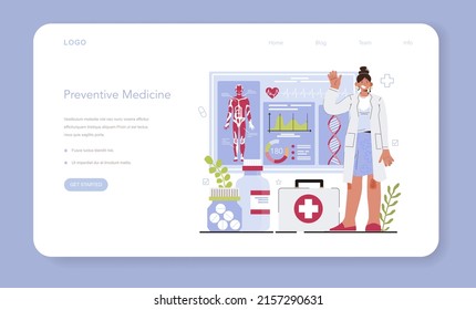 Preventive Medicine Web Banner Or Landing Page. Annual Medical Exam, Regular Health Check Up. Modern Medicine Research For Disease Diagnostic And Health Maintaining. Flat Vector Illustration