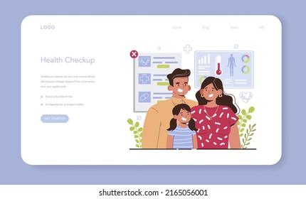 Preventive Medicine Web Banner Or Landing Page. Annual Medical Exam, Regular Health Check Up. Modern Medicine Research For Disease Diagnostic And Health Maintaining. Flat Vector Illustration