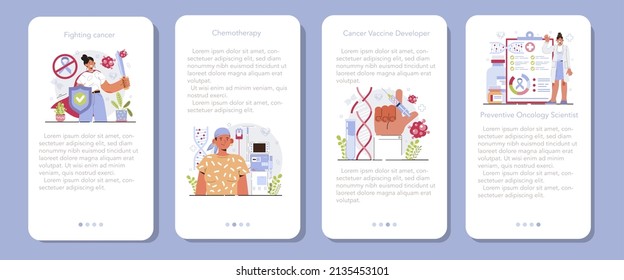 Juego de banners de aplicación móvil de oncología preventiva. Enfermedad del cáncer diagnóstico y tratamiento modernos. Desarrollador de vacunas contra el cáncer, científico de la oncología preventiva. Ilustración vectorial plana aislada