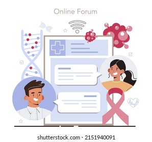 Preventive oncology online service or platform. Cancer disease modern diagnostic and treatment. Cancer vaccine developer. Online forum. Flat vector illustration