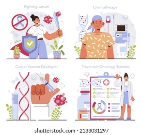 Preventive oncology set. Cancer disease modern diagnostic and treatment. Cancer vaccine developer, preventive oncology scientist. Isolated flat vector illustration