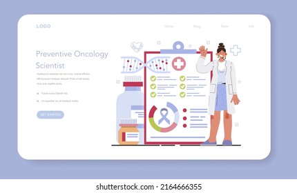 Preventive oncology web banner or landing page. Cancer disease modern diagnostic and treatment. Cancer vaccine developer, preventive oncology scientist. Isolated flat vector illustration