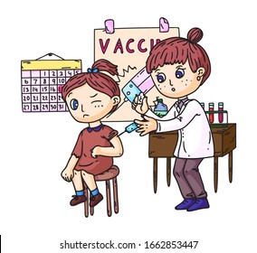 Preventive vaccination for children at hospital. Doctor vaccinating girl child. Pediatrician making injection. Medical treatment, disease prevention, healthcare and immunize. Vector illustration