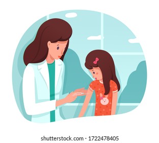 Preventive vaccination for children at hospital. Doctor vaccinating girl child. Pediatrician making injection. Medical treatment, disease prevention, healthcare and immunize. Vector illustration