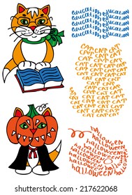 Preview Cat scientist with book and pumpkin halloween, inscriptions