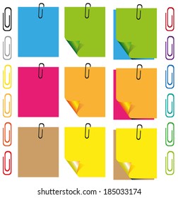 Preview clips and colored paper fastened on a white background.