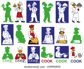 Preview figures cooks food in the hands of: silhouette, contour, image on blue background.