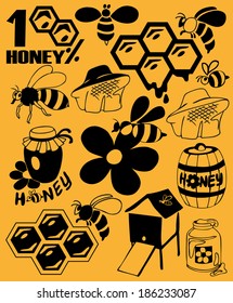 Preview icon black bees, honey, beekeeping attributes.