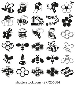 Preview icon black bees, honey, beekeeping attributes on a white background.