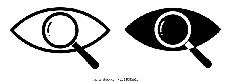 Preview icon. Research symbol. Sign eye and lens. Eye with Magnifying glass. Vector illustration.