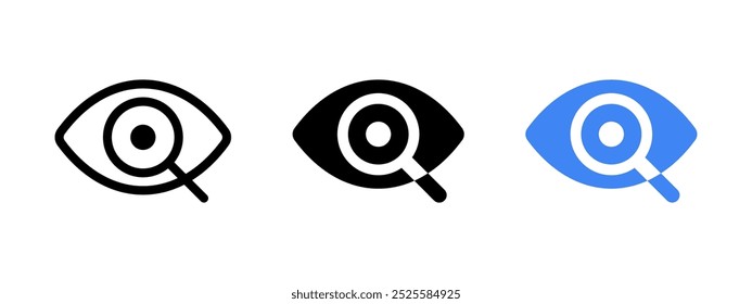 Preview icon. Search tool button. Discover more symbol. Eye and magnifying glass vector illustration. Eyesight concept. Ophthalmologist logo. Analytics or analysis icon. Enlarge or zoom button.