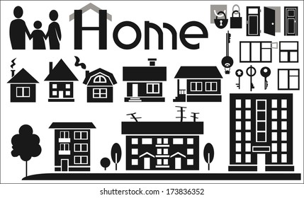 Preview icons houses, windows, doors, keys and locks on a white background.