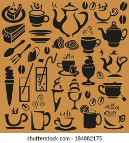 Preview of icons on a brown background with cups, ice and glasses.