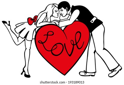 Preview loving couple young men on red heart.