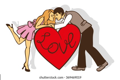 Preview loving couple young men on red heart.