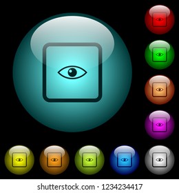 Preview object icons in color illuminated spherical glass buttons on black background. Can be used to black or dark templates