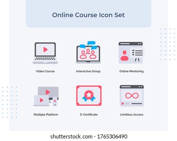 Vista previa del curso en línea conjunto de iconos curso de vídeo grupo interactivo en línea mentores múltiples plataforma e-certificado acceso ilimitado con color relleno estilo plano