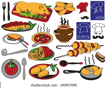 Preview restaurant food on the plates, dishes, toque, serving.
