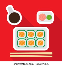 Preview rolls, soy sauce, ginger, wasabi, sticks. flat design
