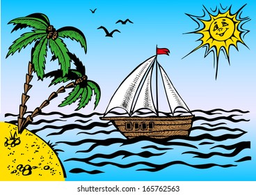 Preview of the southern landscape with a ship at sea.