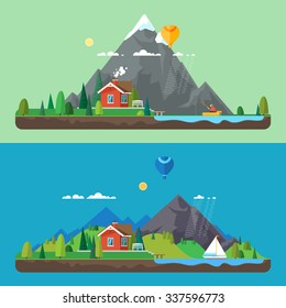  Preview
Stock Vector Illustration:
Vector flat illustration - House at the lake. House in the mountains. Wild nature. Ecotourism