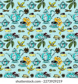   Preview Vector seamless pattern of tea collection elements in graphic style.SEAMLESS PATTERN ON SWATCHES PANEL. Great for menu decorations, websites,baners, textiles.