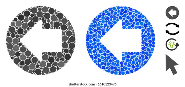 Previous arrow mosaic of round dots in different sizes and color tints, based on previous arrow icon. Vector dots are composed into blue collage. Dotted previous arrow icon in usual and blue versions.