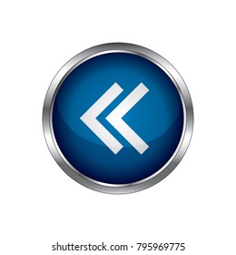 Previous button. Round blue arrow on black plastic background. 3d illustration. Raster version.