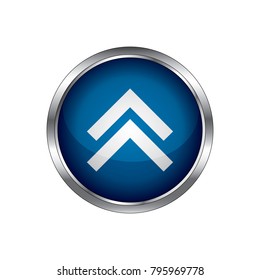 Previous button. Round blue arrow on black plastic background. 3d illustration. Raster version.