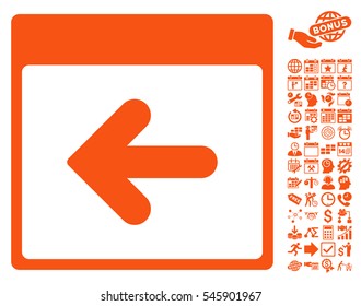 Previous Calendar Day icon with bonus calendar and time management pictures. Vector illustration style is flat iconic symbols, orange, white background.