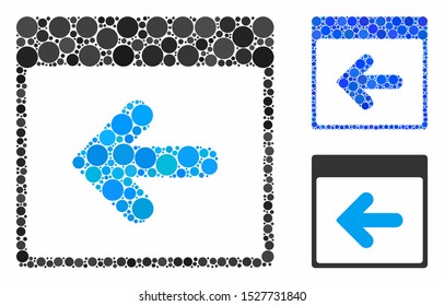 Previous calendar day mosaic of circle elements in variable sizes and color tinges, based on previous calendar day icon. Vector circle elements are grouped into blue mosaic.