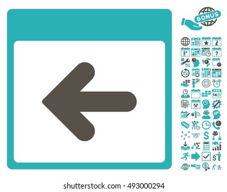 Previous Calendar Page icon with bonus calendar and time management graphic icons. Vector illustration style is flat iconic bicolor symbols, grey and cyan colors, white background.