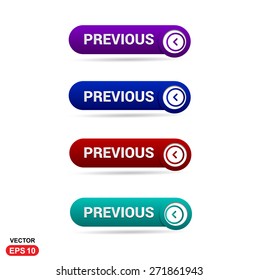Previous Icon Button. Abstract beautiful text button with icon. Purple Button, Blue Button, Red Button, Green Button, Turquoise button. web design element. Call to action gray icon button