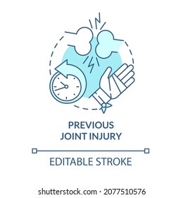 Previous joint injury blue concept icon. Arthritis risk factor abstract idea thin line illustration. Bones trauma can lead to disease. Vector isolated outline color drawing. Editable stroke