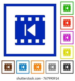 Previous movie flat color icons in square frames on white background