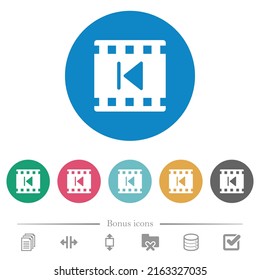 Previous movie flat white icons on round color backgrounds. 6 bonus icons included.