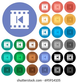 Previous movie multi colored flat icons on round backgrounds. Included white, light and dark icon variations for hover and active status effects, and bonus shades on black backgounds.
