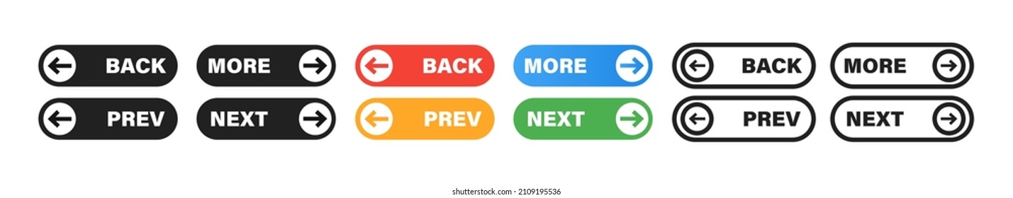 Previous and Next button. Next Back webpage button icons set. EPS 10. 