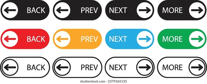 Anterior, Siguiente, botón más y atrás, iconos de botón de página web Siguiente Atrás conjunto de arte vectorial