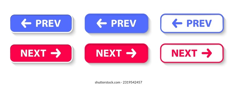 Botones de navegación anterior y siguiente. Prev, siguiente. botón de página Web para desplazarse al elemento siguiente y anterior. Botones web con flecha para sitio web e interfaz de usuario. Elementos de diseño web