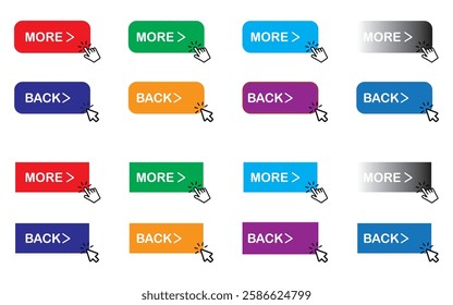 Previous and Next navigation buttons. Prev, next. Web page button for move to the next and previous item in two shapes and different colors. Vector illustration.