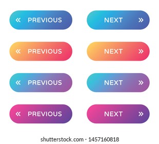 Previous Next Web Buttons Set. Filled Ui Web Buttons In Flat Style. Rounded Vector Buttons On Trendy Gradients With Symbols For Web And Ui Design