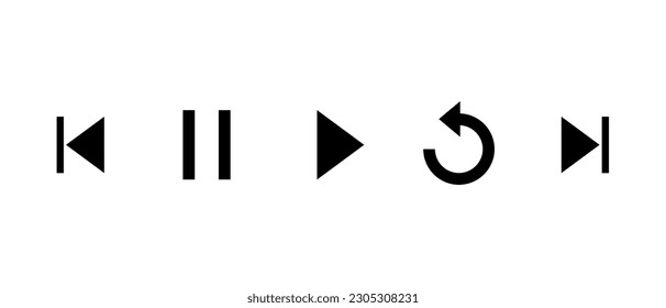 Previous, pause, play, replay, and next track icon vector. Elements for video streaming app