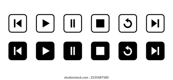 Icono de pista anterior, reproducir, pausar, detener, repetir y siguiente en cuadrado negro