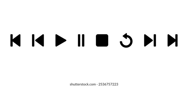 Ícone anterior, reproduzir, pausar, parar, repetir e próxima faixa. Conceito de botão de controle do Media Player
