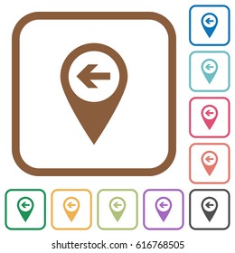 Previous target GPS map location simple icons in color rounded square frames on white background