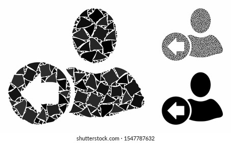 Previous user mosaic of abrupt pieces in different sizes and color hues, based on previous user icon. Vector tuberous pieces are grouped into collage. Previous user icons collage with dotted pattern.