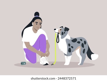 Pre-Walk Ritual, Lacing Up for Adventure With a Devoted Border Collie, A person ties their sneakers, anticipating a leisurely walk, as their attentive puppy waits